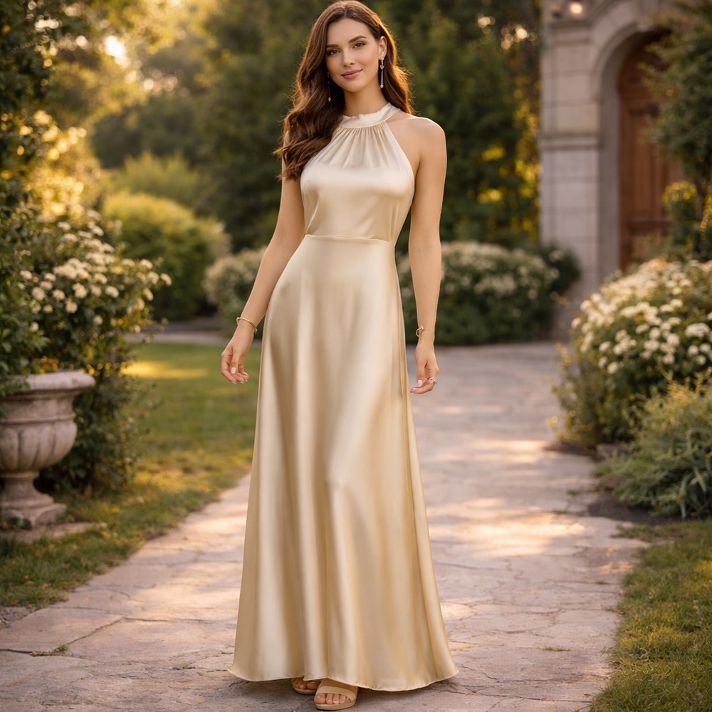 AW Bridal Champagne Satin Halter Maxi Dress Bridesmaid Formal Size 8 NWT